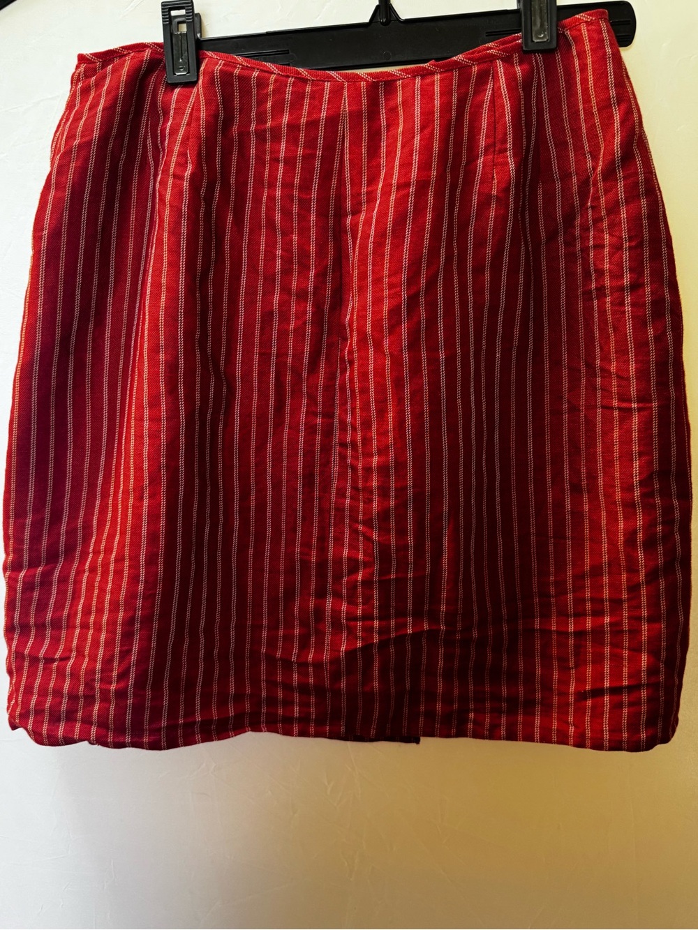 A-line Anne Klein Vintage 90s Linen Faux Wrap 8 Red Striped Linen Mini Skirt Y2K - Picture 3 of 15